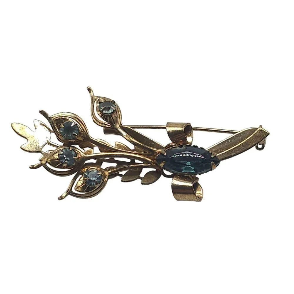 Vintage Gold Tone Leaf Floral Blue Stone Brooch Pin Elegant Accessory